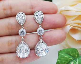 Wedding Bridal Jewelry Bridal Earrings Dangle Earrings cubic zirconia connectors and clear (LUX) cubic zirconia tear drop Bridesmaid Gift