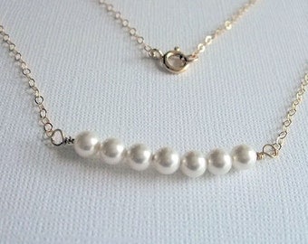 Row of Pearls Necklace, Bridesmaid jewelry, Gold Filled Necklace