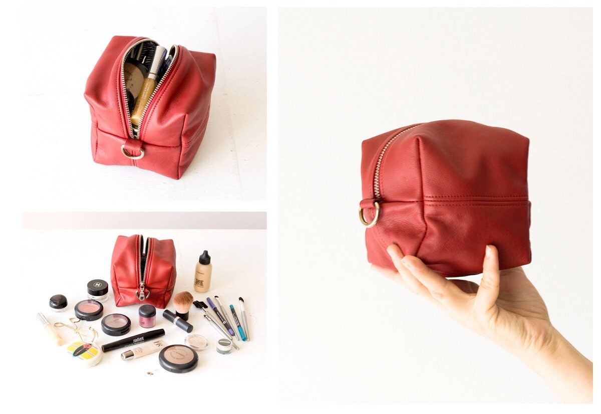 Brown Leather makeup bag leather cosmetic case Cube