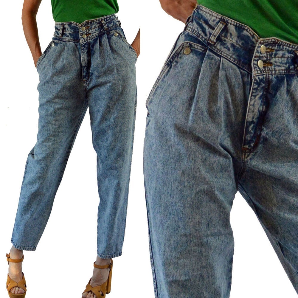 80s Vintage High Waisted Jeans Acid Wash Jeans Pleated