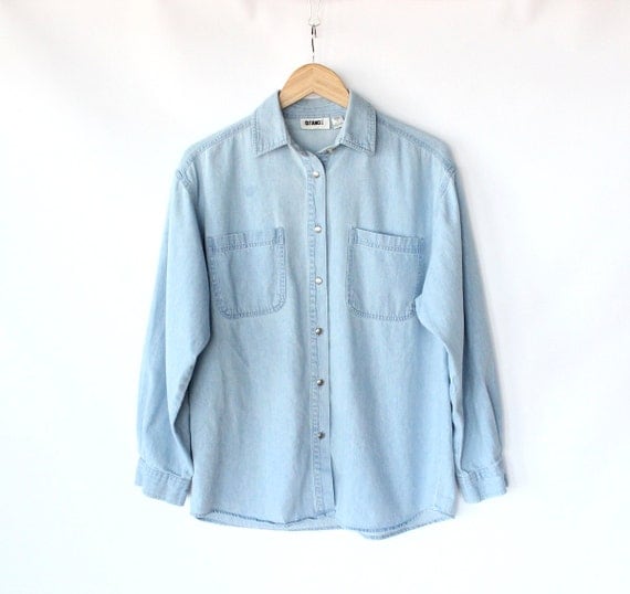 Vintage 80s Light Blue Jean Button Up Shirt // by vauxvintage