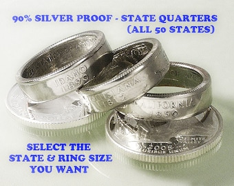 Coin Rings ---- (SOMETHING SPECIAL) ----- State Quarters - 90% Silver Proof ---- (Select State & Ring Size You Want)