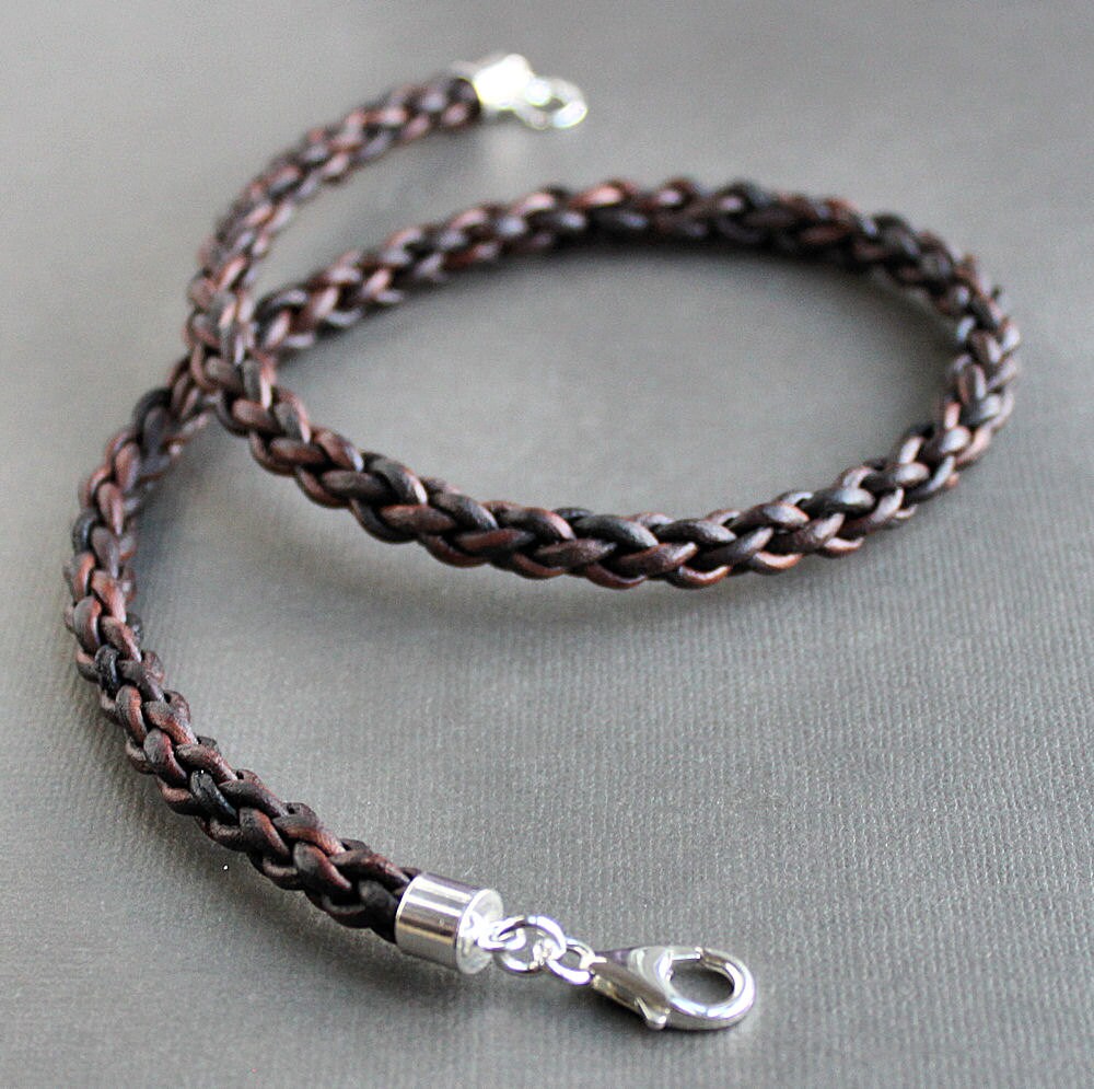 Mens Brown Leather Necklace Thick Braided Cord Sterling Silver