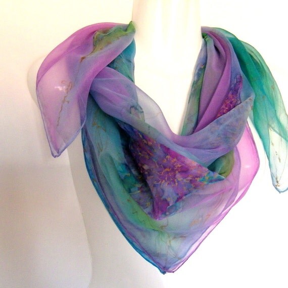 Pastel Silk Scarf Hand Painted Orchid Pink Mint Green