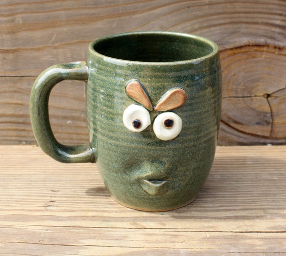 Green Monster Mug. Handmade Pottery Cup. Extra Large Coffee