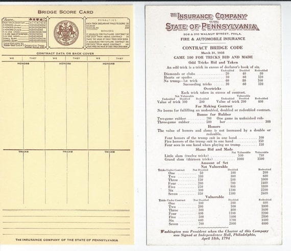 1935 Insurance Co. State of Pennsylvania Contract Bridge Code Pad and ...