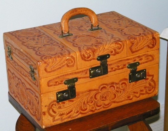 SPRING SALE Vintage Tooled Leather Train Case circa 1970