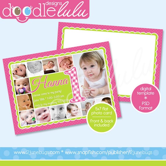 INSTANT DOWNLOAD Digital Printable 5x7 Pink & Green First Birthday Photo Card Invitation Template - from Doodlelulu by 2 june bugs Il_570xn
