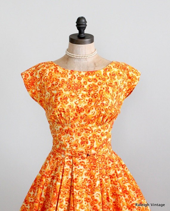Vintage 1950s Dress 50s Orange Swirl Cotton Party Dress