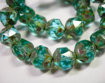 15 8mm Turquoise Picasso Firepolished Thru Cuts Czech Glass Beads