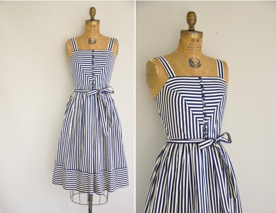 vintage 1960s dress / 60s nautical stripe dress / 60s full