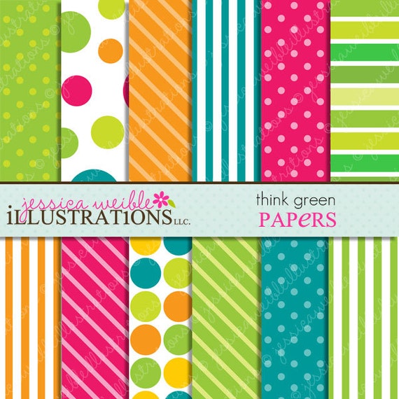 Think Green Cute Digital Papers Backgrounds for Invitations, Card Design, Scrapbooking, and Web Design Il_570xn