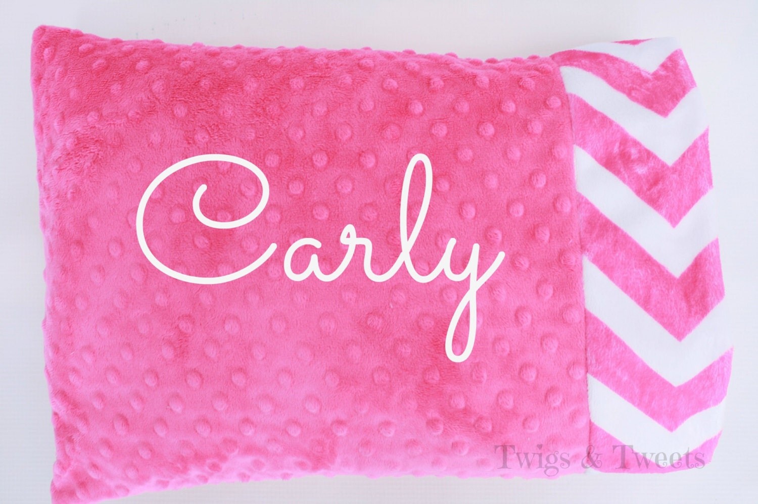 Personalized Minky Toddler Pillow Case hot pink by twigsandtweets