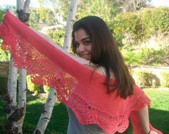 California Poppy Handknitted Pima Cotton Crescent Shaped Lace Shawlette or Scarf