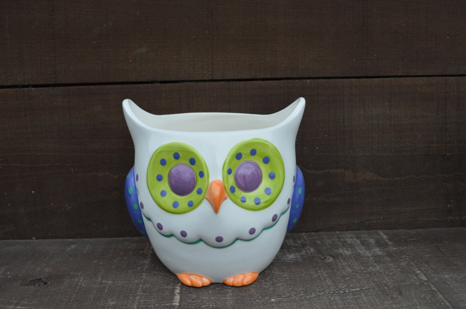 Whimsical Ceramic Owl Planter or Utensil Holder Hand Painted