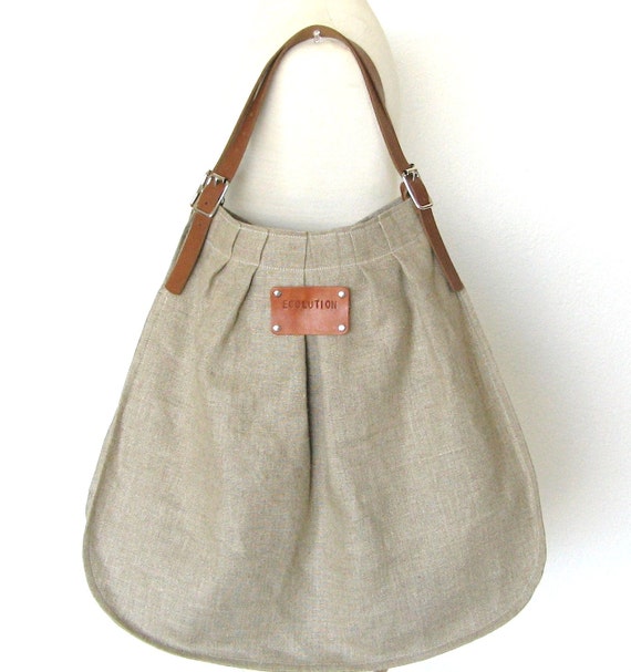 French Linen beach Bag - handwoven Hemp.Leather handles- Unique ...