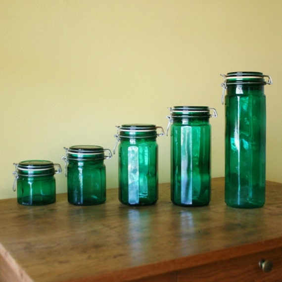 Vintage Set of 5 Green Glass Canisters Metal Bail Rubber