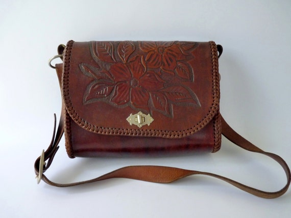 1970s Hand Tooled Leather Handbag Purse by FoxandThomas on Etsy