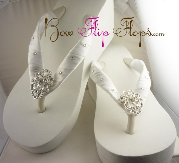 Bridal Wedge Flip Flops Ivory Rose Rhinestone Bling Satin White ...