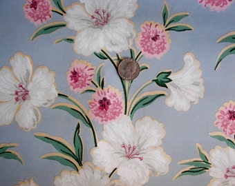Vintage Wallpaper - Pink and White Flowers on Blue - 1 Yard