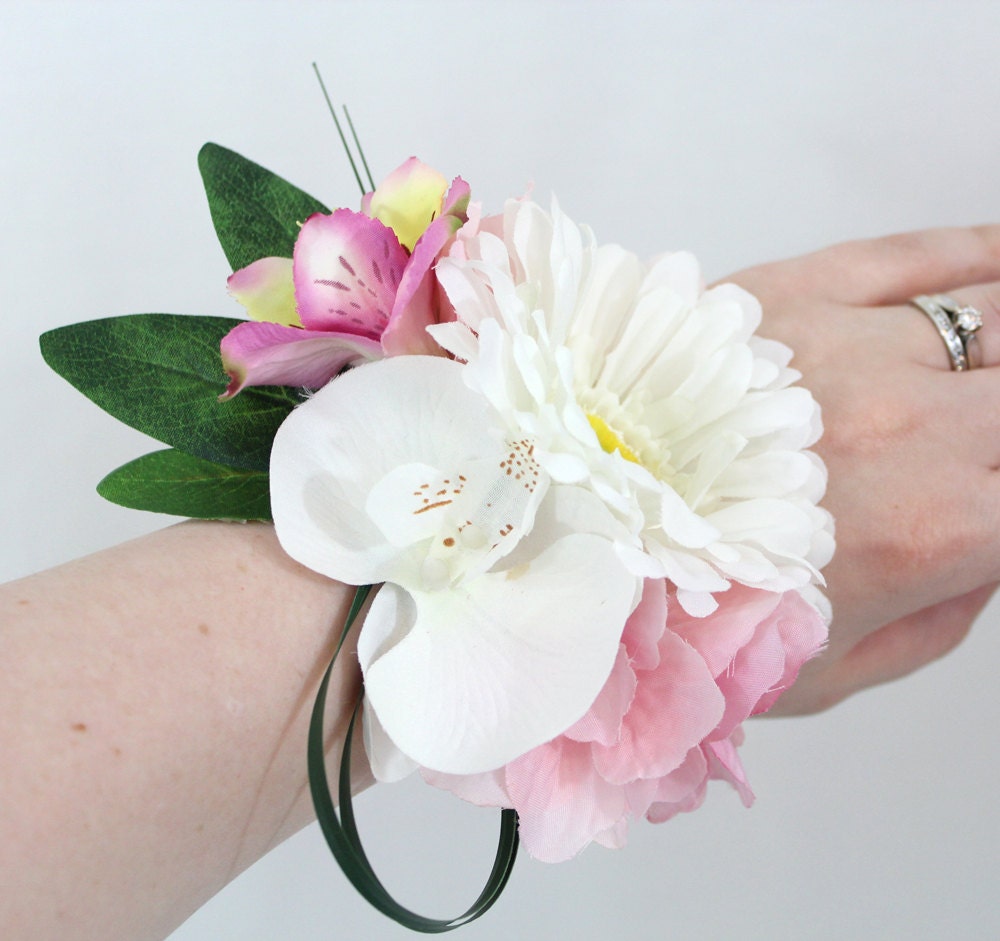 White Gerbera Orchid Pink Hydrangea Wrist Corsage Prom