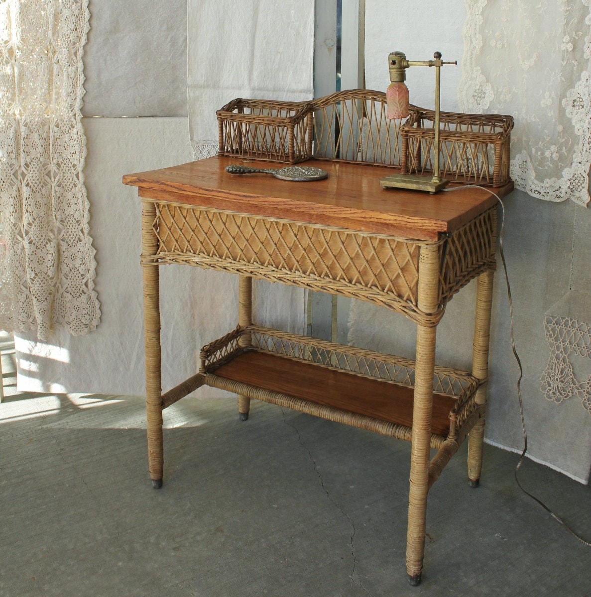 Antique Heywood Wakefield Oak and Wicker Desk Dressing Table
