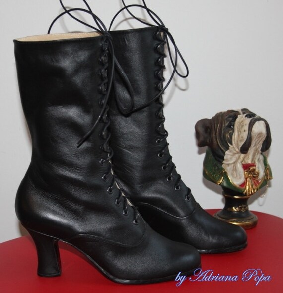 Black Victorian boots in leather Ankle heeled by VictorianBoots