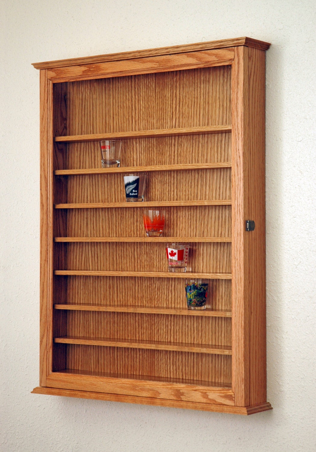 72 Oak shot glass display case wall cabinet rack