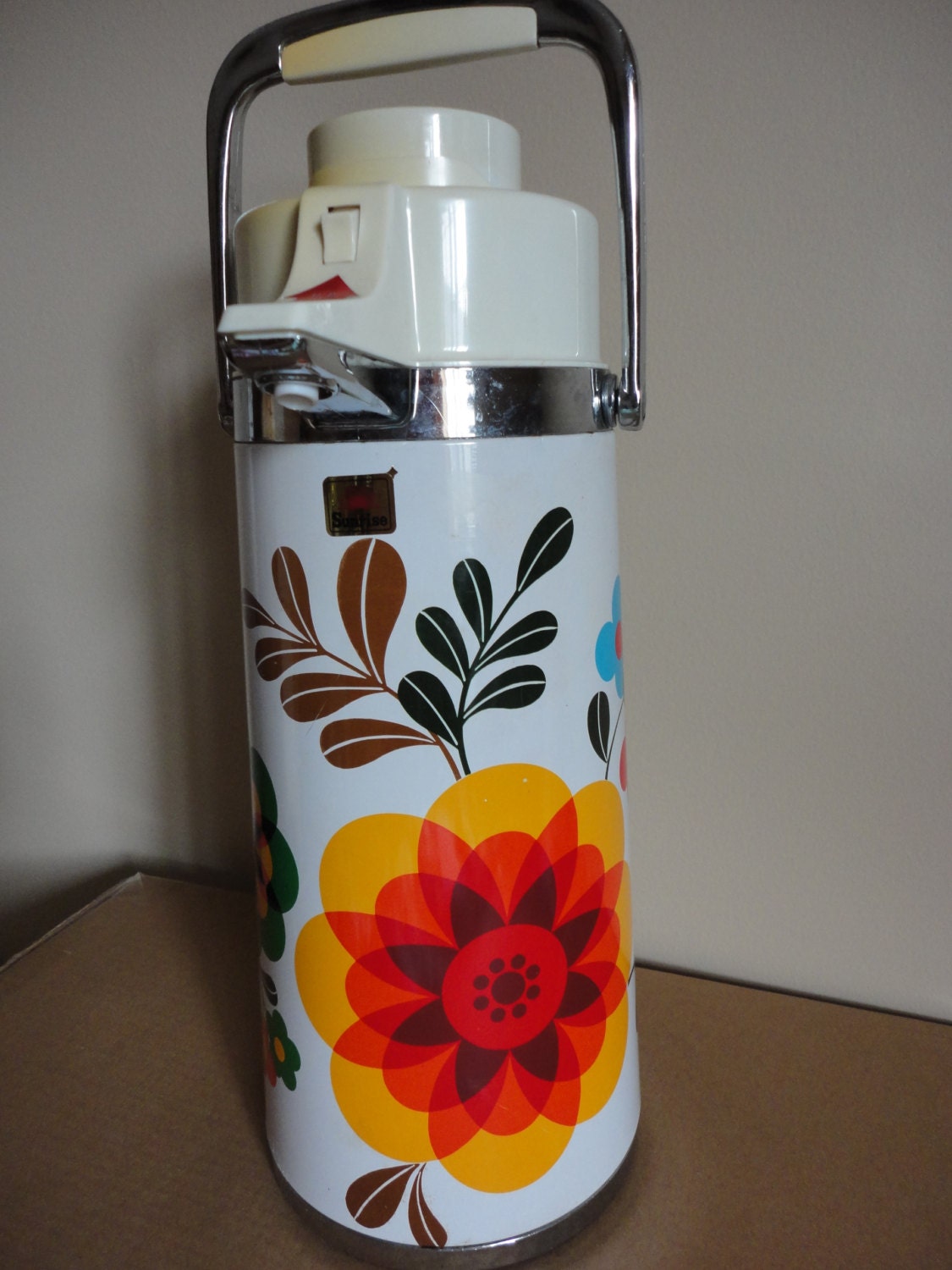 Vintage Sunrise Beverage Dispenser Thermos Pump Pot Coffee Tea