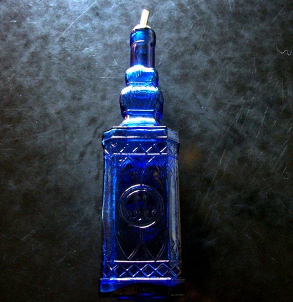 Cobalt Blue Square Glass Bottle w/ cork top stopper Vintage