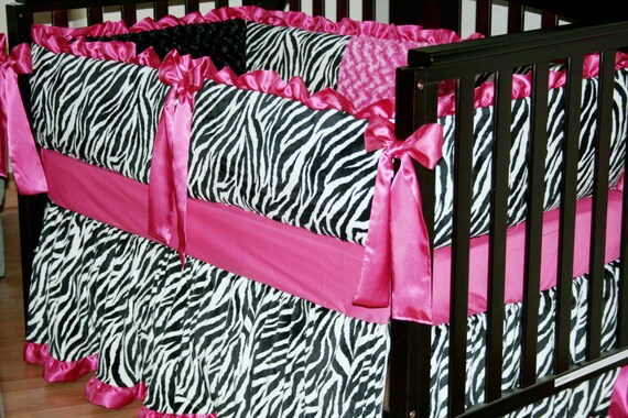 Minky Crib Bedding Set Black and White Zebra with Hot Pink