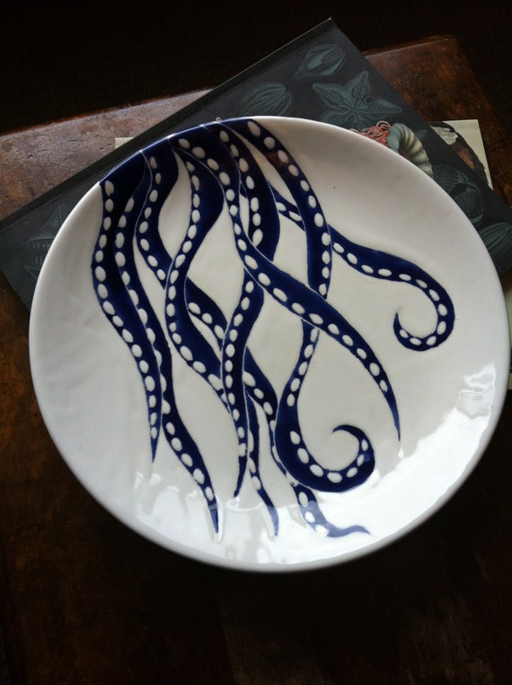 Navy blue octopus ceramic platter