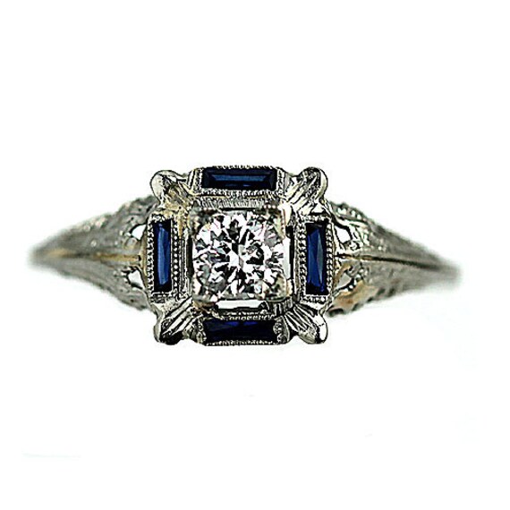 Art Deco Sapphire Ring Antique Sapphire & .35 by ArtDecoDiamonds