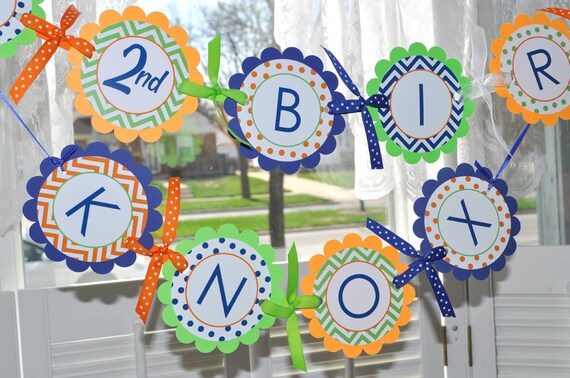 Boys Birthday Banner - Chevron Birthday Decorations with Polkadots - Navy Blue, Orange and Green Il_570xn