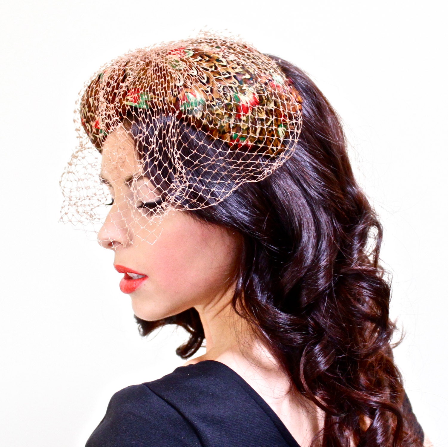 Vintage Pheasant Feather Fascinator Hat Mid Century Cecile