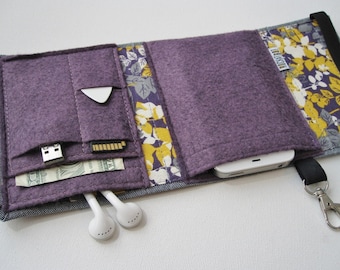 Nerd Herder gadget wallet in Purple Posies for iPod, Android, iPhone 6, Samsung Galaxy S5, earbuds, SD cards, USB, guitar picks,