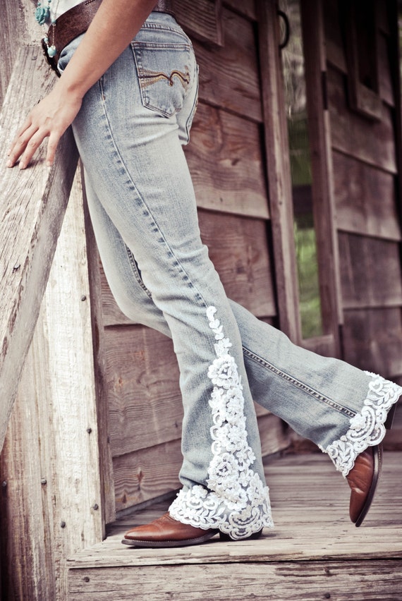 Items similar to Lace Trimmed Jeans in White on Etsy