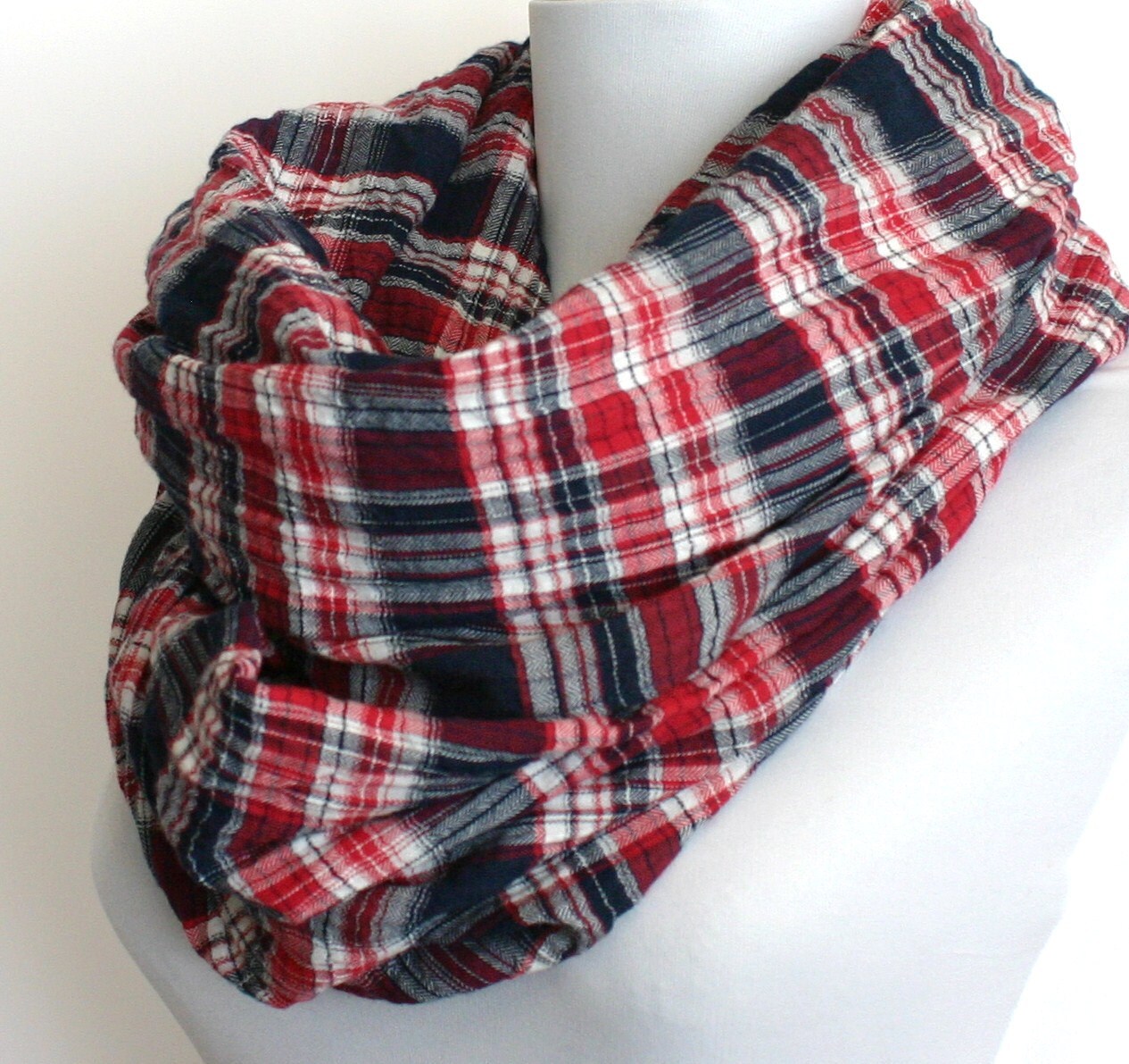 Plaid Infinity Scarf in Red White and Navy Blue Crinkled