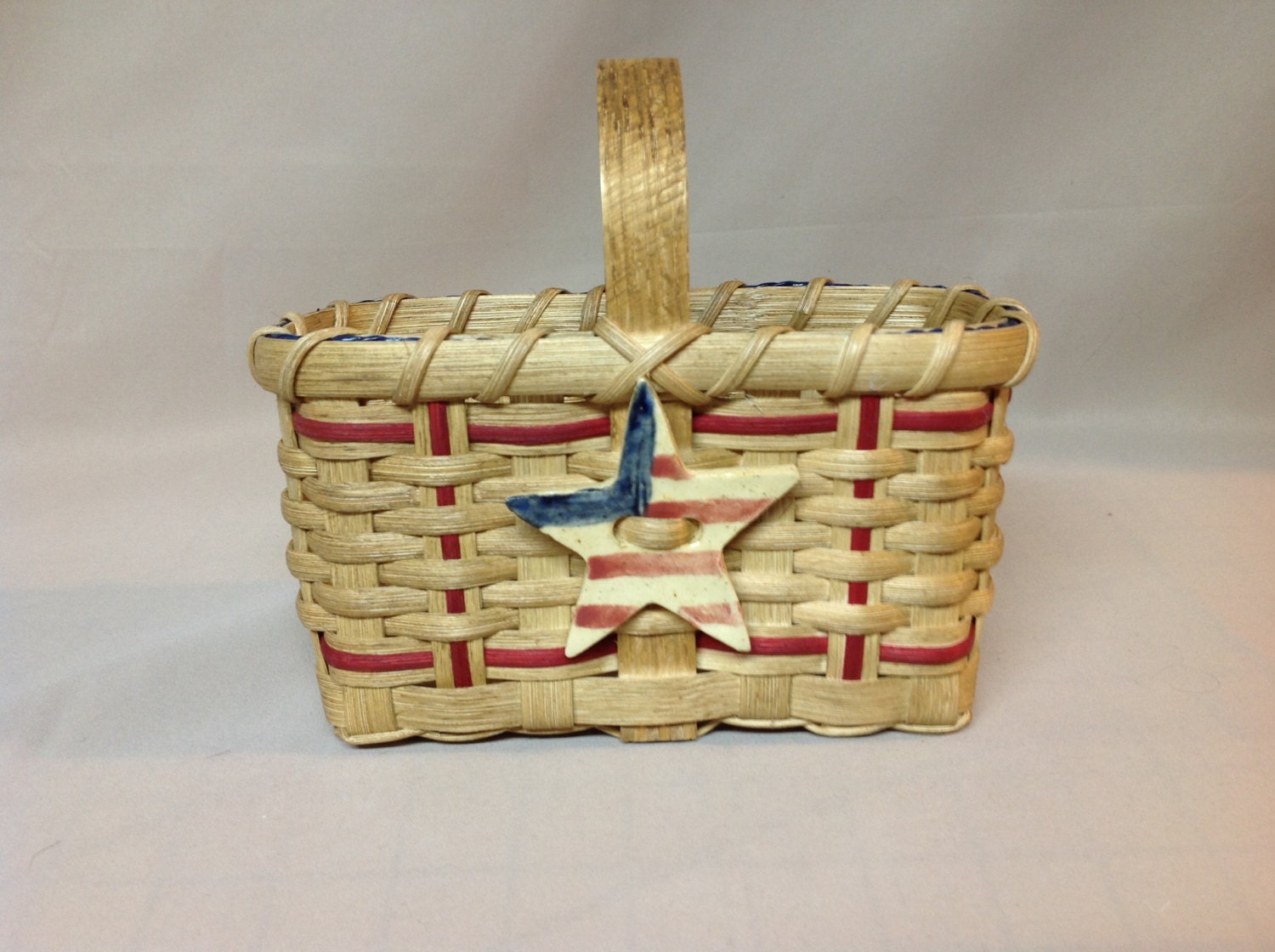 SALE Hand Woven Patriotic Basket with Wood Handle Red Accent