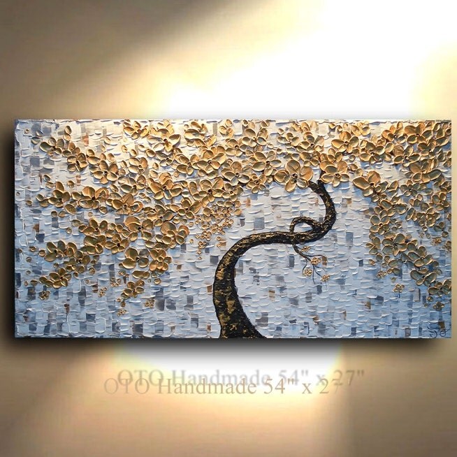 ORIGINAL 54x27 Custom Gold Flower Abstract Painting Art Canvas