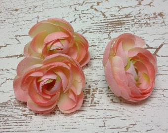 Silk Flowers - THREE Silk Ranunculus Flowers in Peachy Pink - ALMOST 2.5 Inches - Artificial Flowers