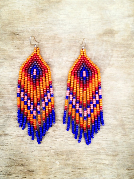 Fringe Beaded Earrings Native Inspired 1277