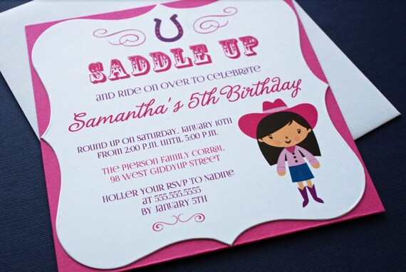 PRINTED Double Layer Pink Cowgirl Girl's Birthday Party Invitations Il_570xn