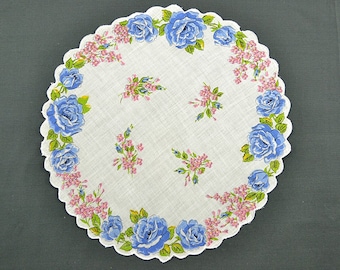 VINTAGE HANKIE, Blue Roses on White, Round, Scalloped Edge, Corded, Pink Forget Me Nots, Pocket Hankie, Excellent Condition