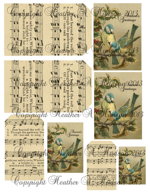 Shabby Vintage chic Victorian Christmas Blue Birds Music Tags Digital Collage sheet
