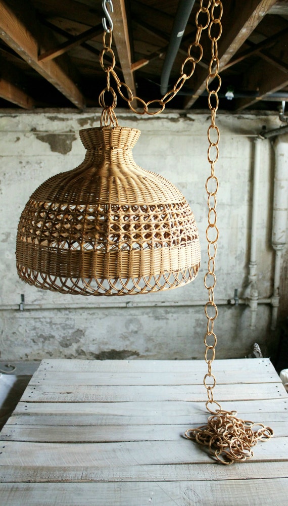 Vintage Wicker Hanging Light Shade with Chain