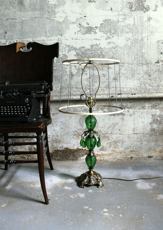 Vintage Emerald Green Glass and Brass Lamp