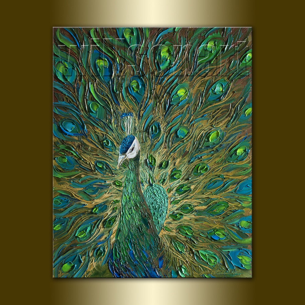 Original Peacock Oil Painting Textured Palette Knife