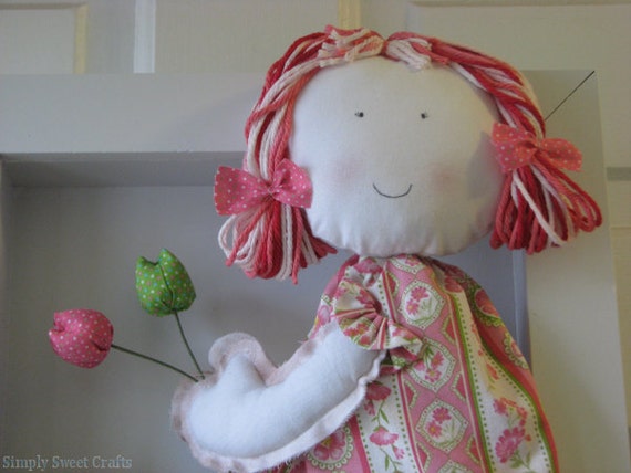 Wall decor for baby girls. Wall art for girls. Pink fabric doll and pink and green flowers. Girl nursery decor. 3D wall art. Handmade doll
