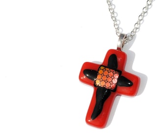 Cross Pendant, Red and Black, Fused Glass Jewelry, Dichroic Glass, Faith, Christ, Jesus, Love, Christian, Crucifix (Item 10168-PC)